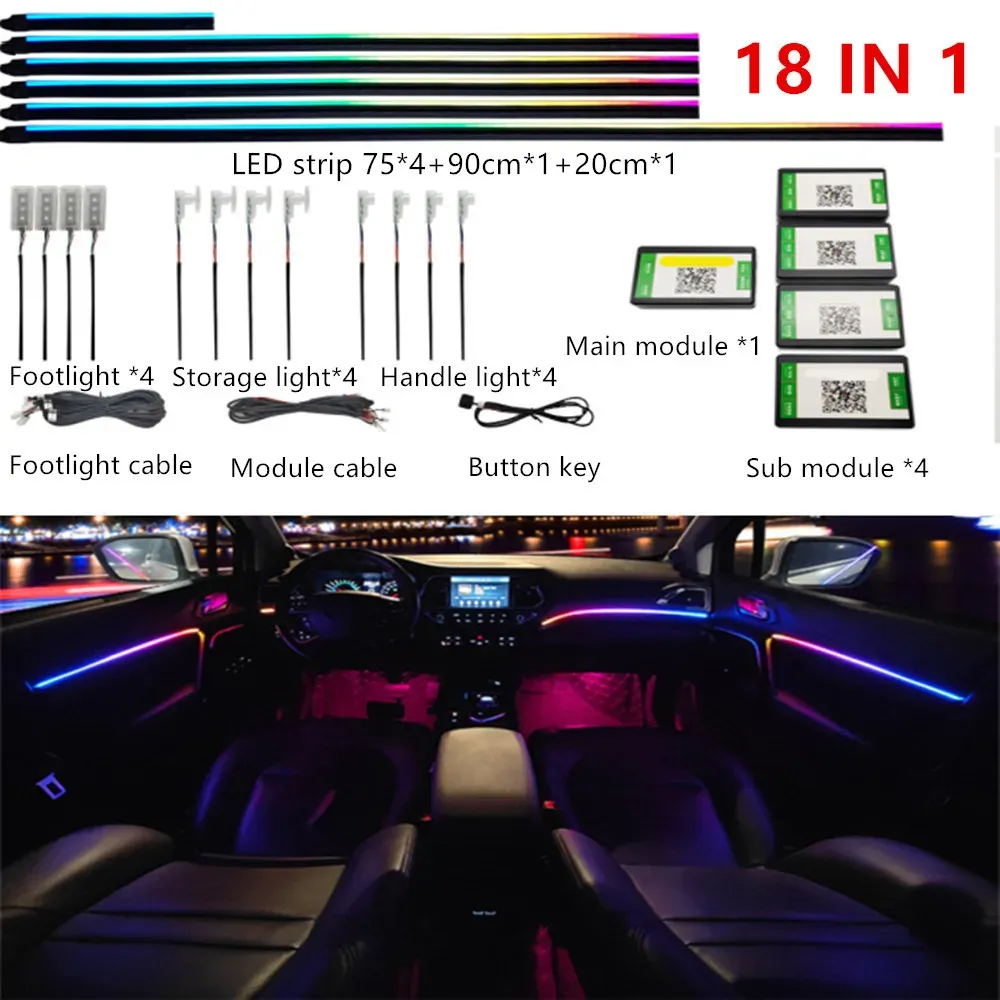 Éclairage d'ambiance LED RVB pour habitacle de voiture, 64 couleurs, guide de lumière acrylique, kit universel 9