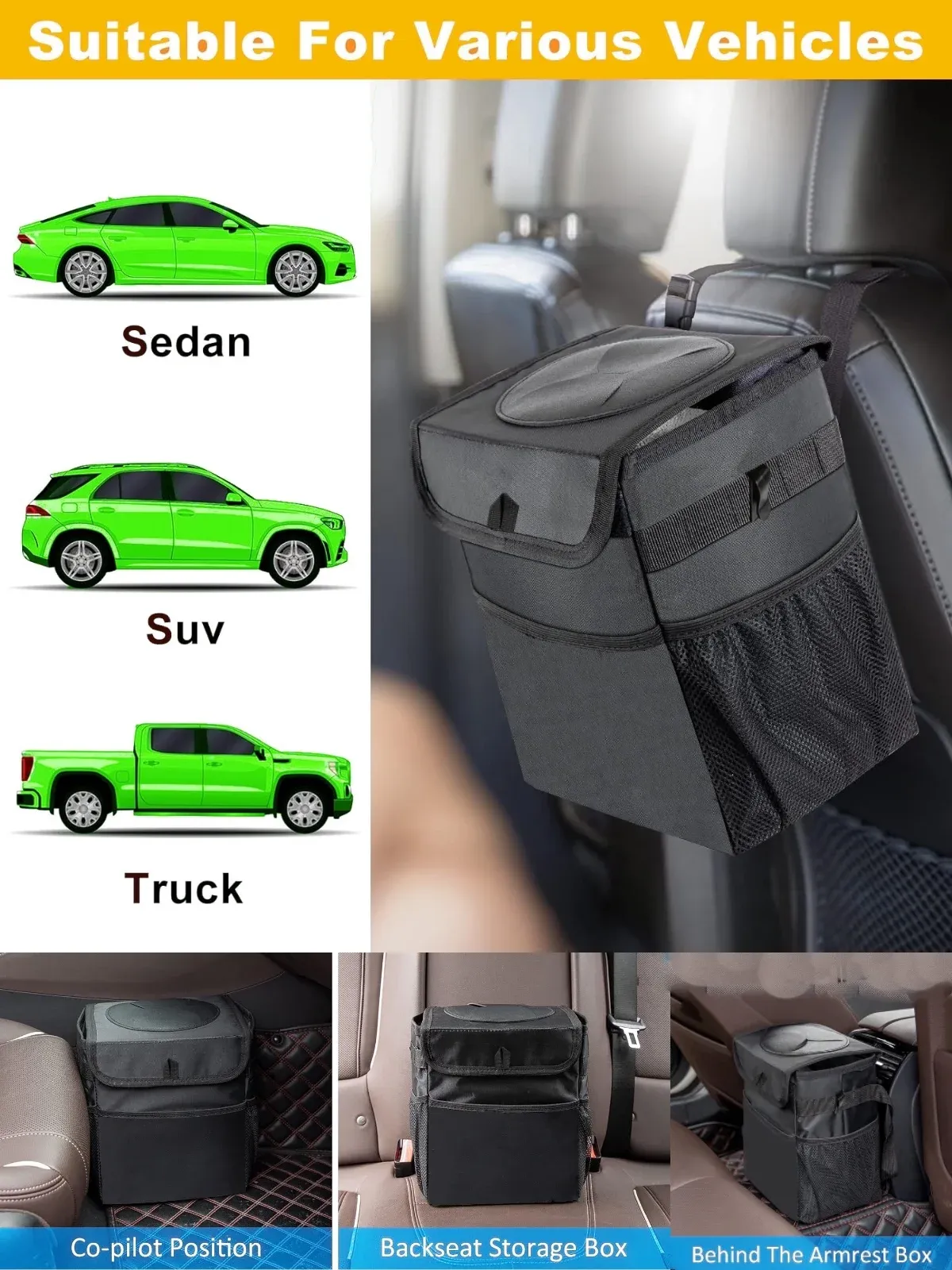Poubelle de voiture avec couvercle étanche, organisateur de véhicule pliable et sac de rangement, accessoire auto 3