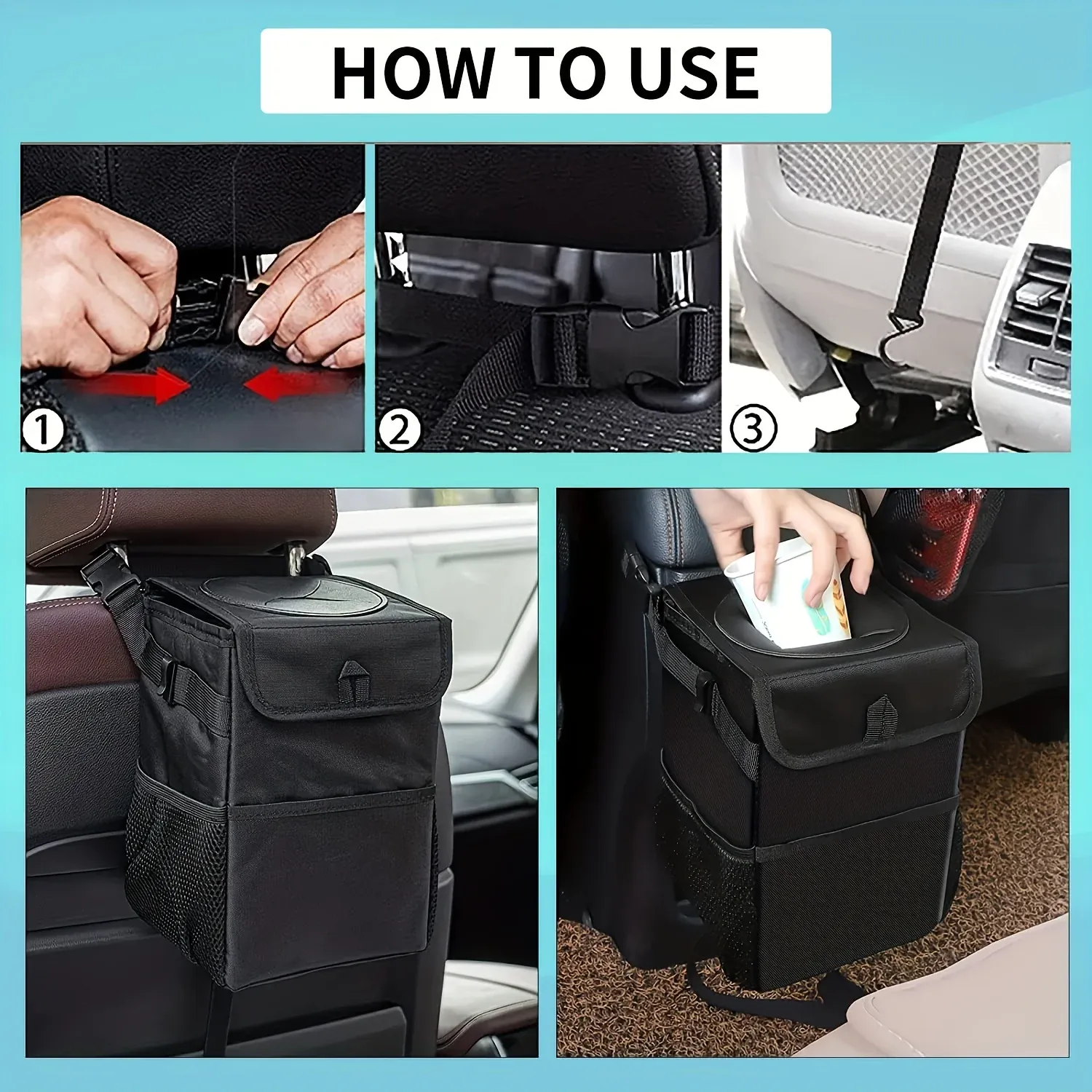 Poubelle de voiture avec couvercle étanche, organisateur de véhicule pliable et sac de rangement, accessoire auto 4
