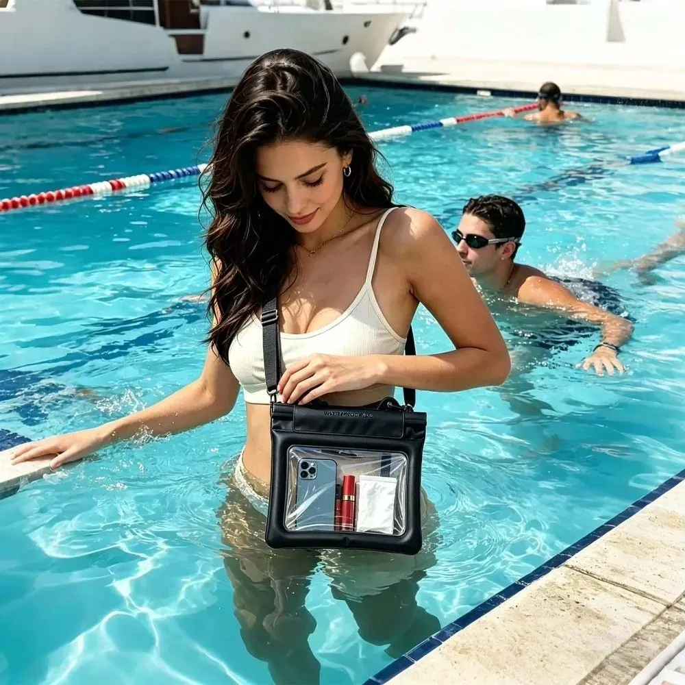 Sac de plage étanche en PVC grande capacité avec pochette tactile pour téléphone, bandoulière réglable et effet flottant 5