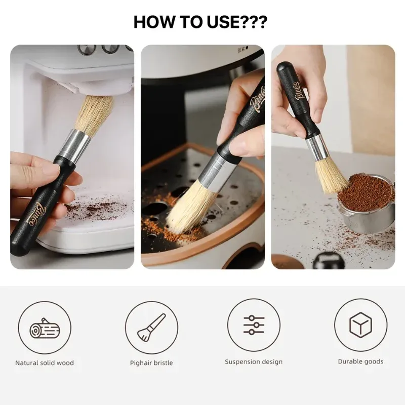 Brosse de nettoyage pour moulin à café à poils naturels et manche en bois, outil de barista 3