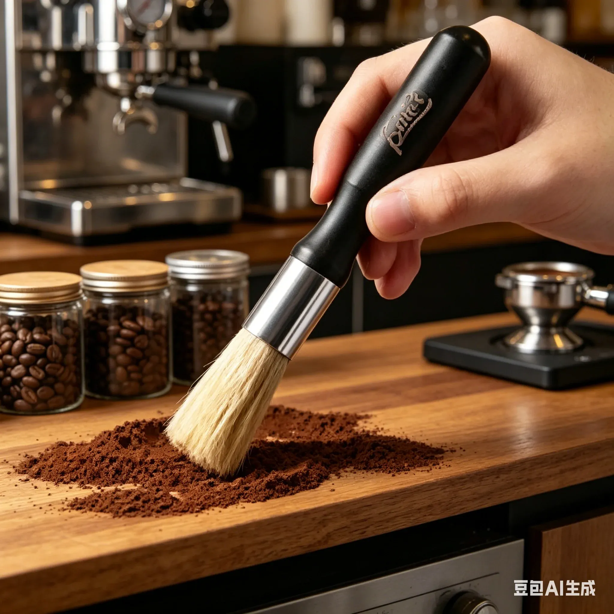 Brosse de nettoyage pour moulin à café à poils naturels et manche en bois, outil de barista 2
