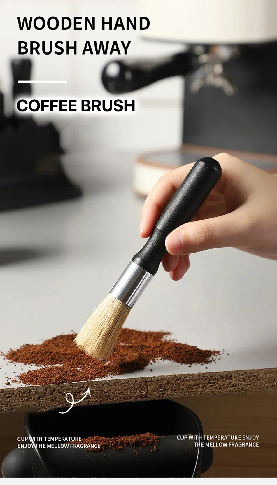 Brosse de nettoyage pour moulin à café à poils naturels et manche en bois