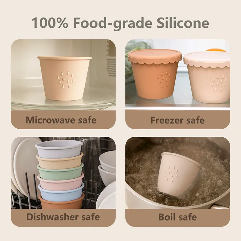 Lot de 3 contenants de conservation pour aliments pour bébé en silicone, 118 ml (4 oz), réutilisables, compatibles congélateur, avec couvercles hermétiques anti-fuite 4