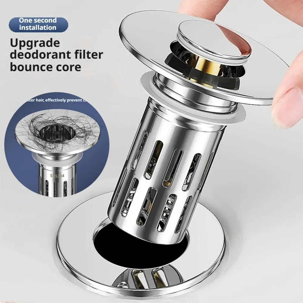 Bouchon de vidange universel pour lavabo, à rebond, chromé, avec filtre à cheveux intégré 3