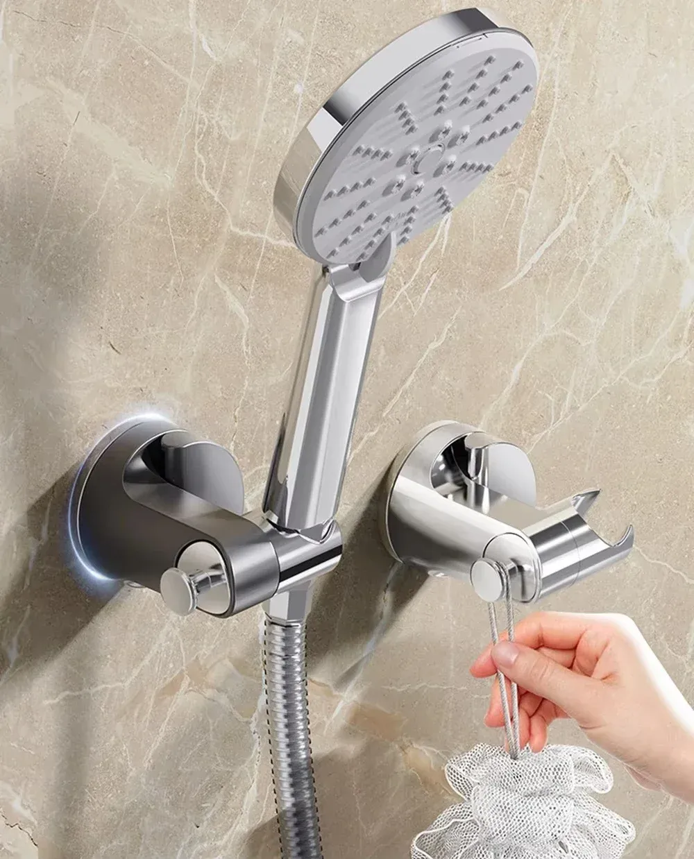 Support de douche 360° réglable et auto-adhésif, support de pommeau de douche à ventouse, accessoires de salle de bains - Image 1