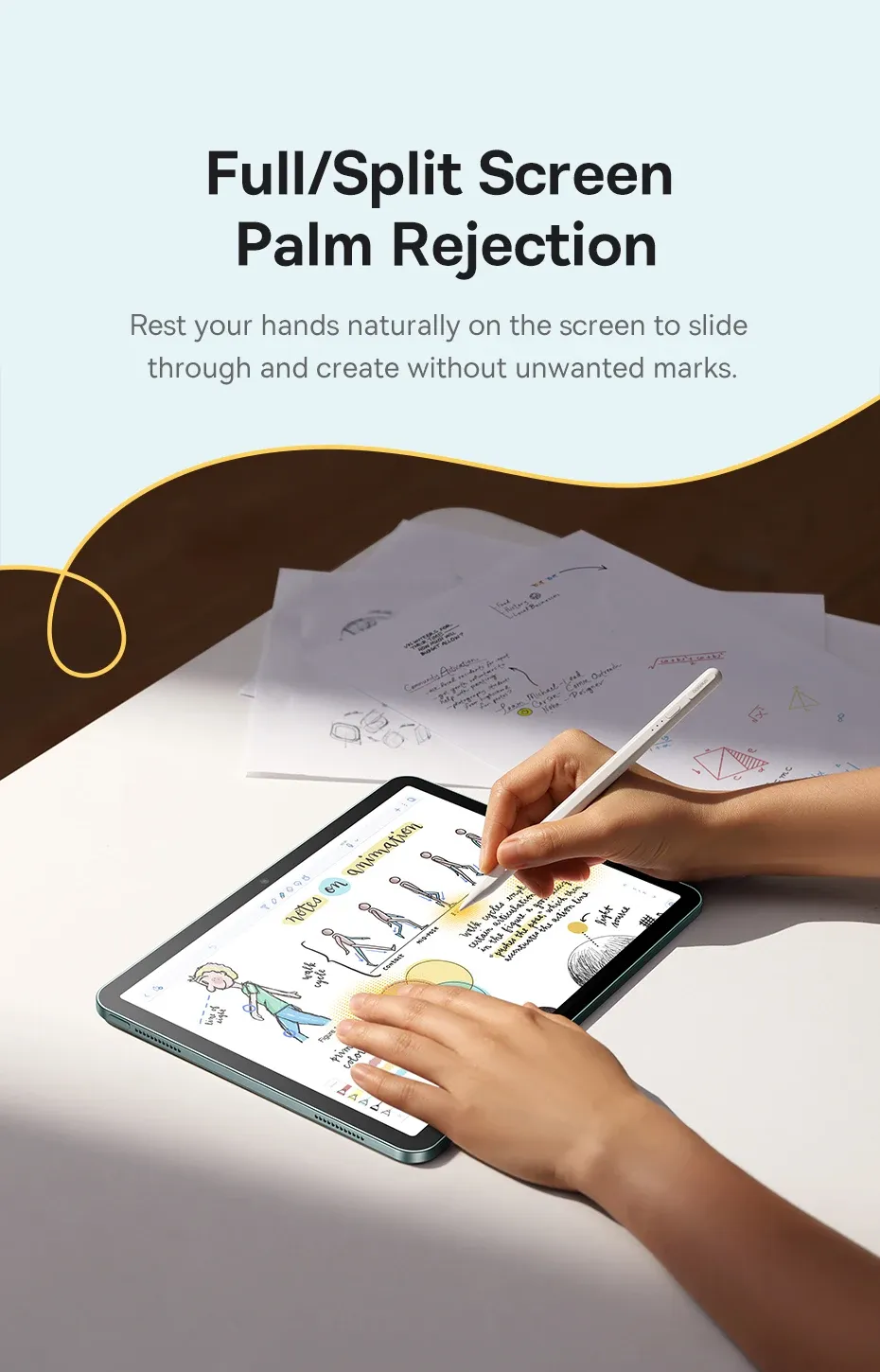 Paume posée sur la tablette pendant l'écriture