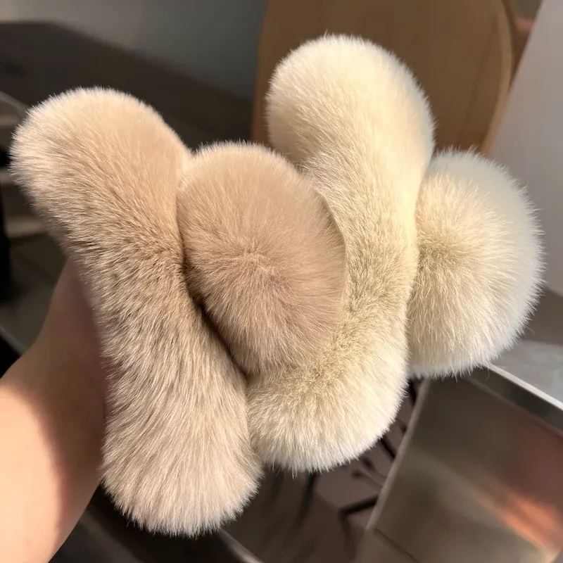 Pince à cheveux en fourrure de lapin Rex naturelle, grand modèle à griffe