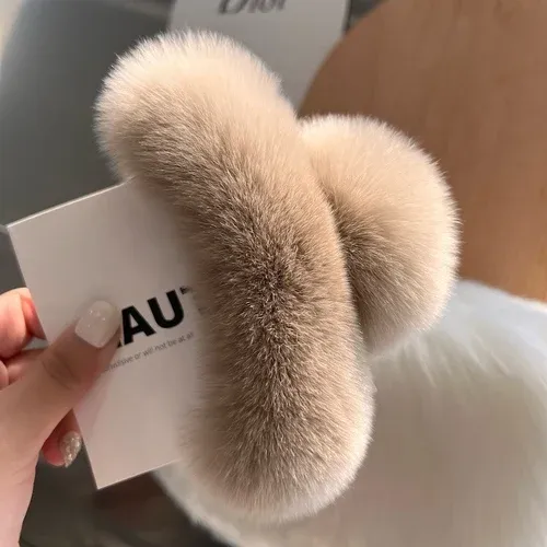 Pince à cheveux en fourrure de lapin Rex naturelle, grand modèle à griffe 16