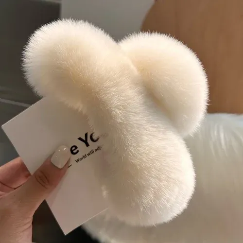 Pince à cheveux en fourrure de lapin Rex naturelle, grand modèle à griffe 12