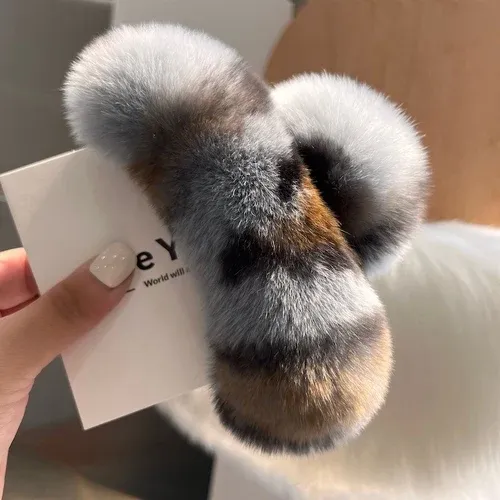 Pince à cheveux en fourrure de lapin Rex naturelle, grand modèle à griffe 20