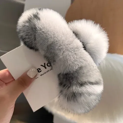 Pince à cheveux en fourrure de lapin Rex naturelle, grand modèle à griffe 19