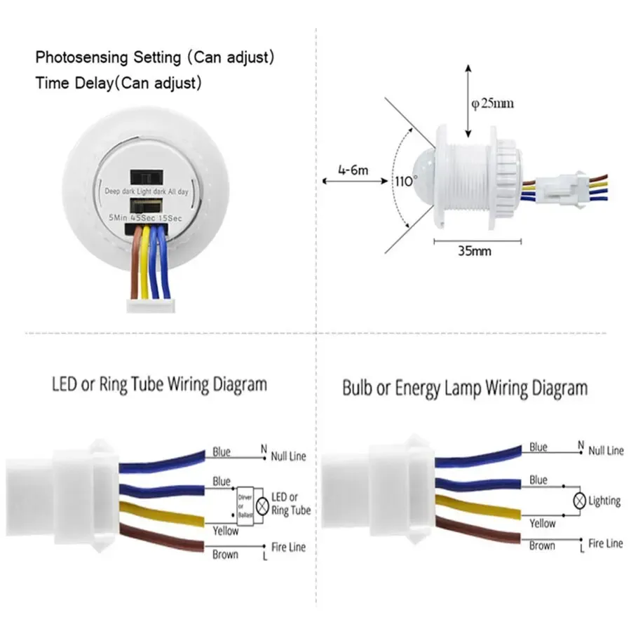 Détecteur de mouvement PIR 220 V/110 V pour éclairage, interrupteur automatique à délai réglable 3