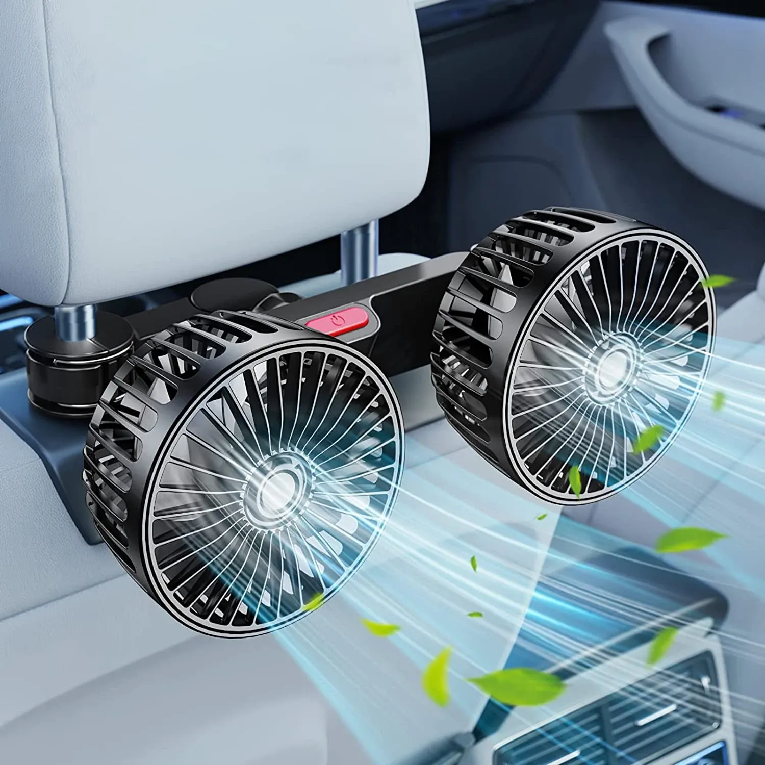 Ventilateur de voiture 360° à 3 vitesses, rechargeable par USB, à double tête et rotation réglable, pour siège arrière, utilisable en voiture et à la maison