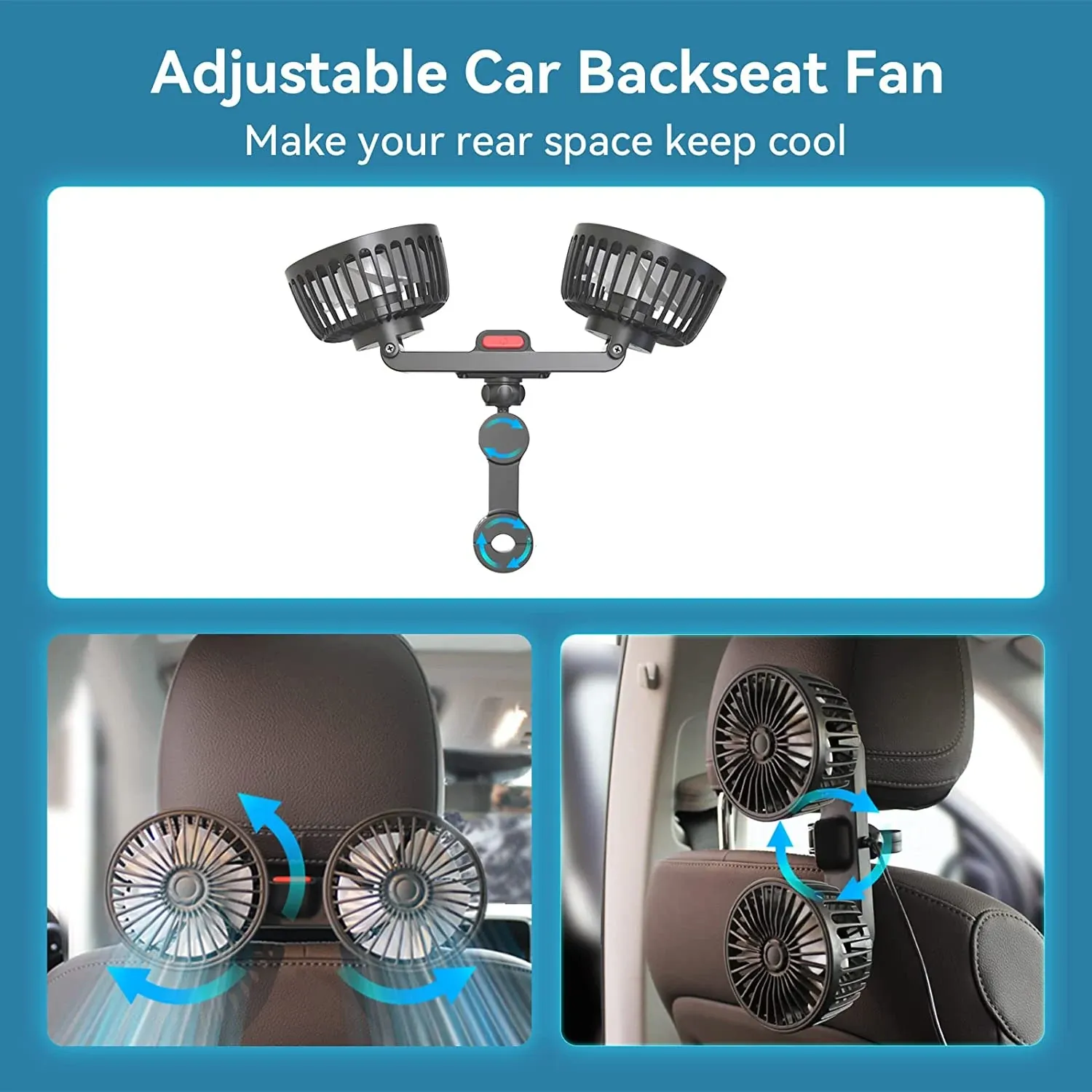Ventilateur de voiture 360° à 3 vitesses, rechargeable par USB, à double tête et rotation réglable, pour siège arrière, utilisable en voiture et à la maison 3