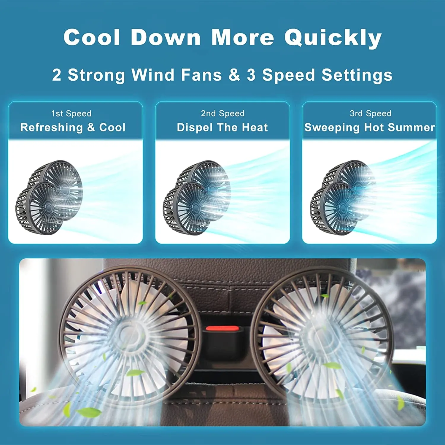 Ventilateur de voiture 360° à 3 vitesses, rechargeable par USB, à double tête et rotation réglable, pour siège arrière, utilisable en voiture et à la maison 4
