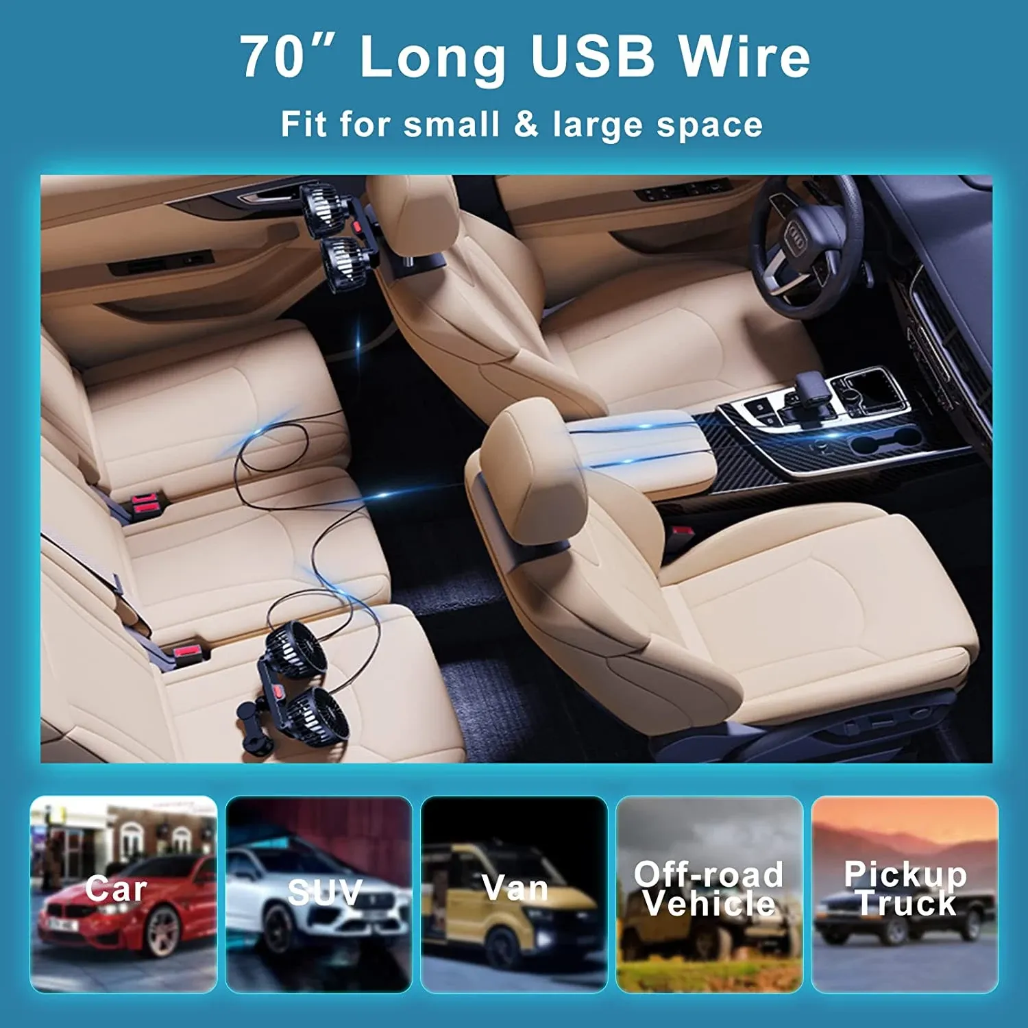 Ventilateur de voiture 360° à 3 vitesses, rechargeable par USB, à double tête et rotation réglable, pour siège arrière, utilisable en voiture et à la maison 5