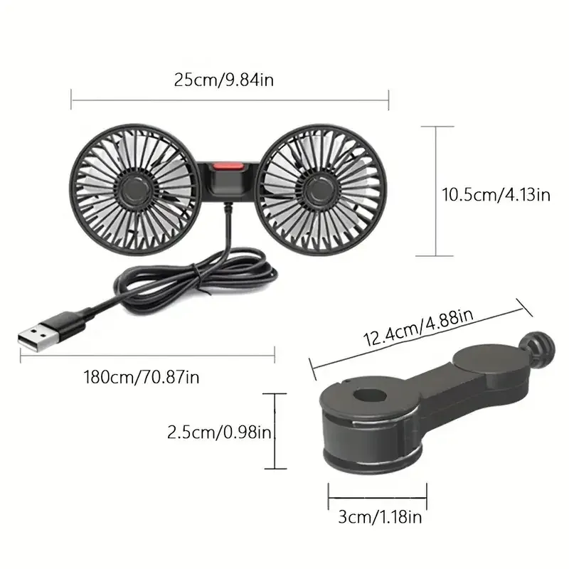 Ventilateur de voiture 360° à 3 vitesses, rechargeable par USB, à double tête et rotation réglable, pour siège arrière, utilisable en voiture et à la maison 6