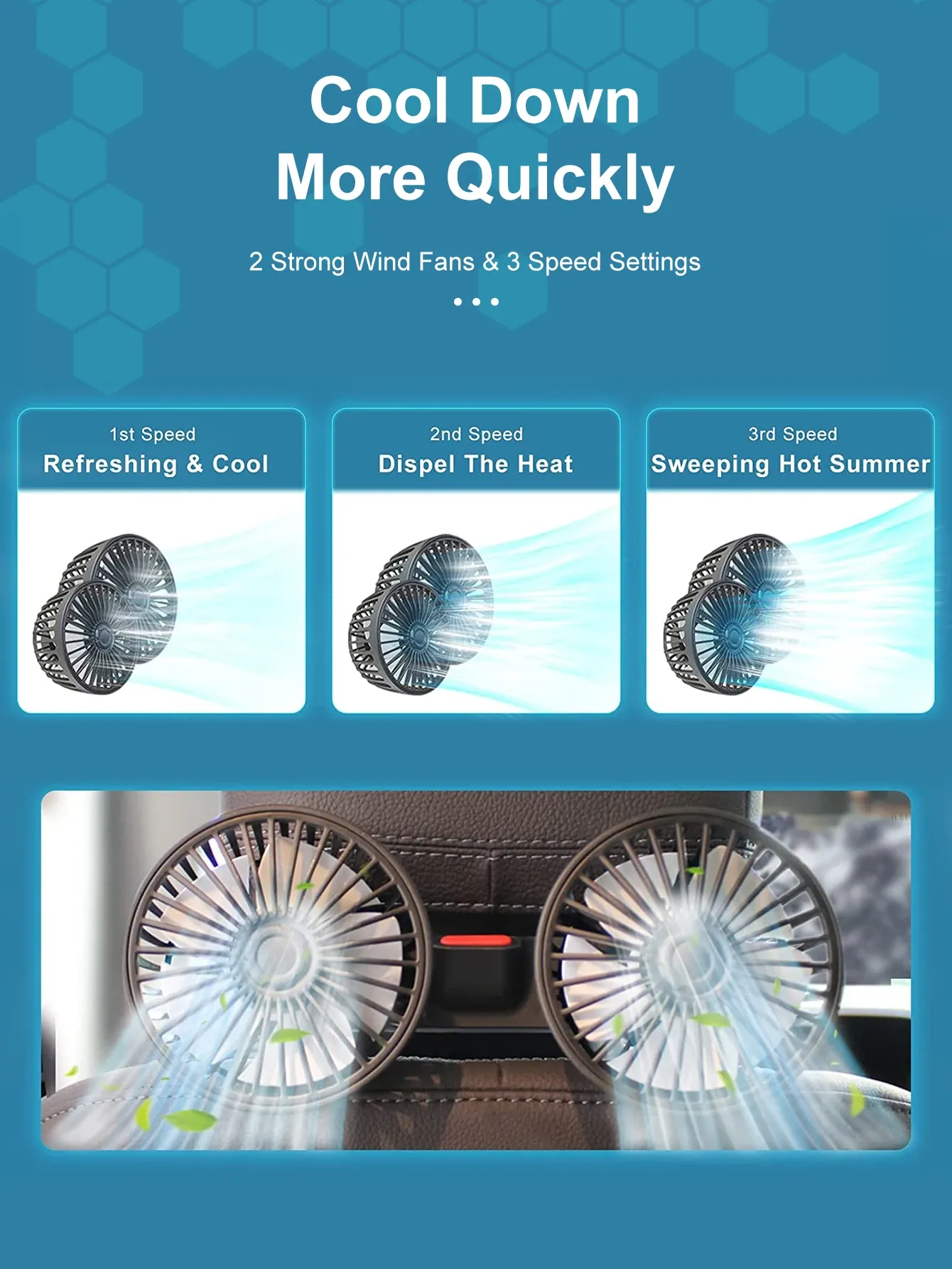 Ventilateur de voiture 360° fixé à l'appui-tête