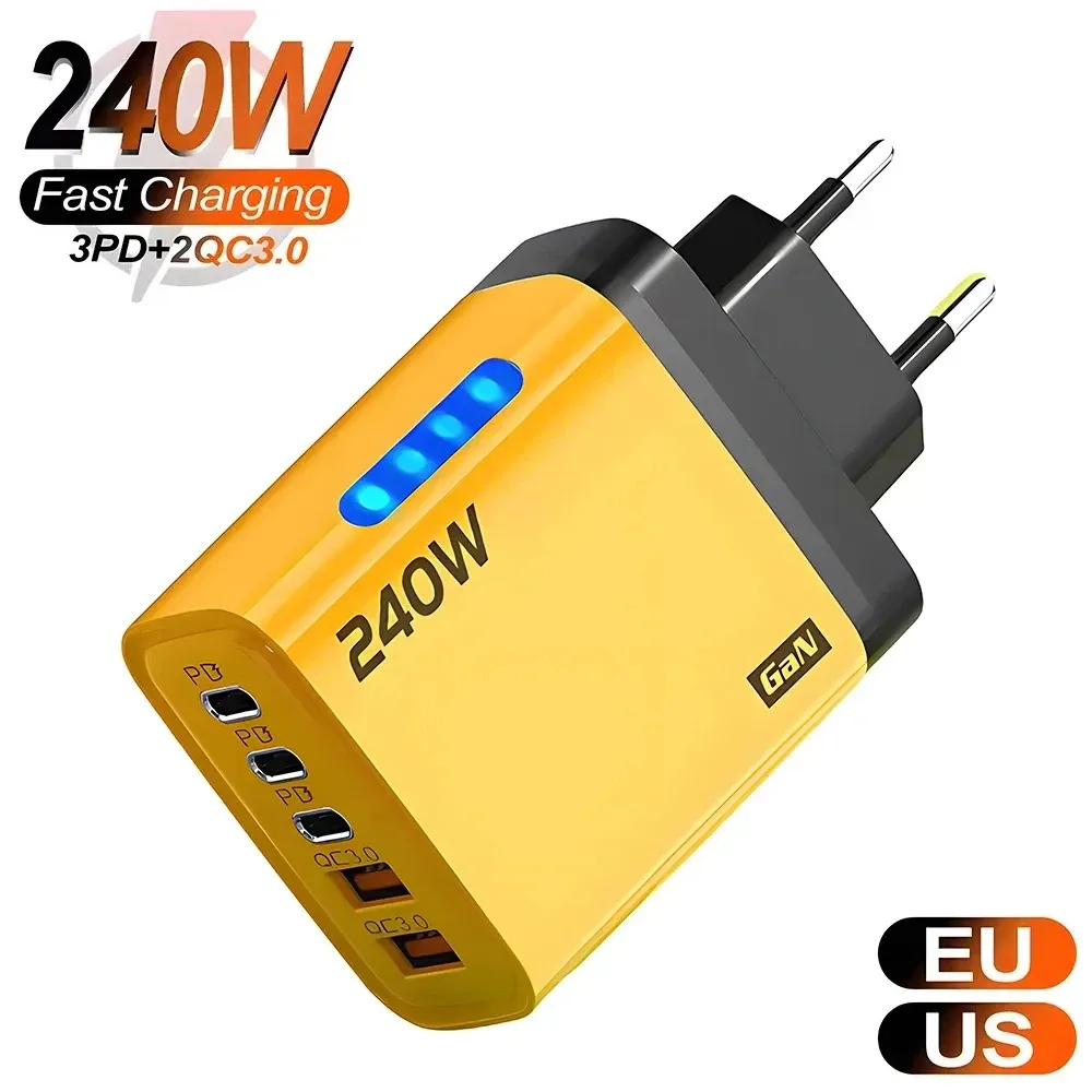 Chargeur USB-C 240 W à charge rapide, compatible QC 3.0 et PD, adaptateur mural pour iPhone, Samsung et Xiaomi