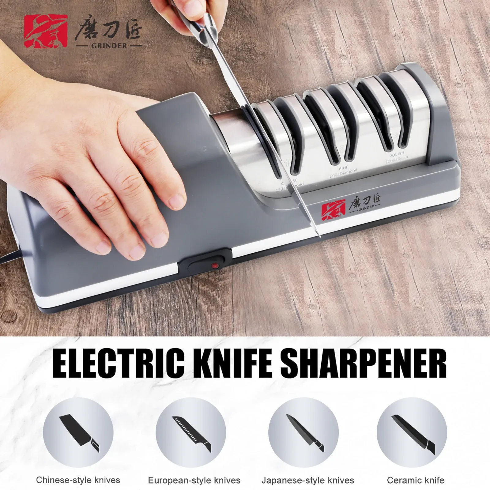 Affûteur électrique pour couteaux à trois vitesses, avec têtes de rechange diamant 100 %, compatible avec tous les couteaux de cuisine - Image 1