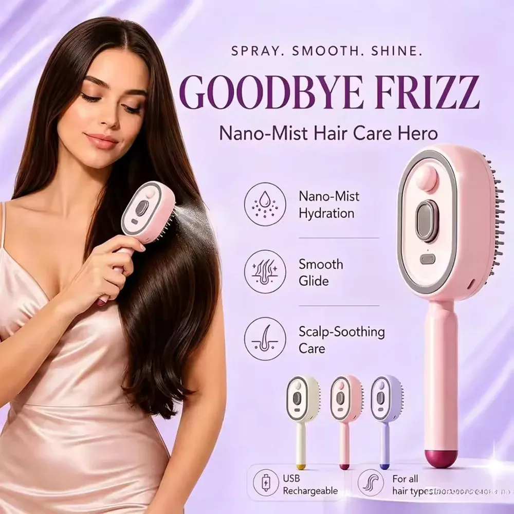 Peigne de massage électrique 3-en-1 à coussin d'air, auto-nettoyant, avec pulvérisateur et brosse vapeur à huile essentielle rechargeable 3