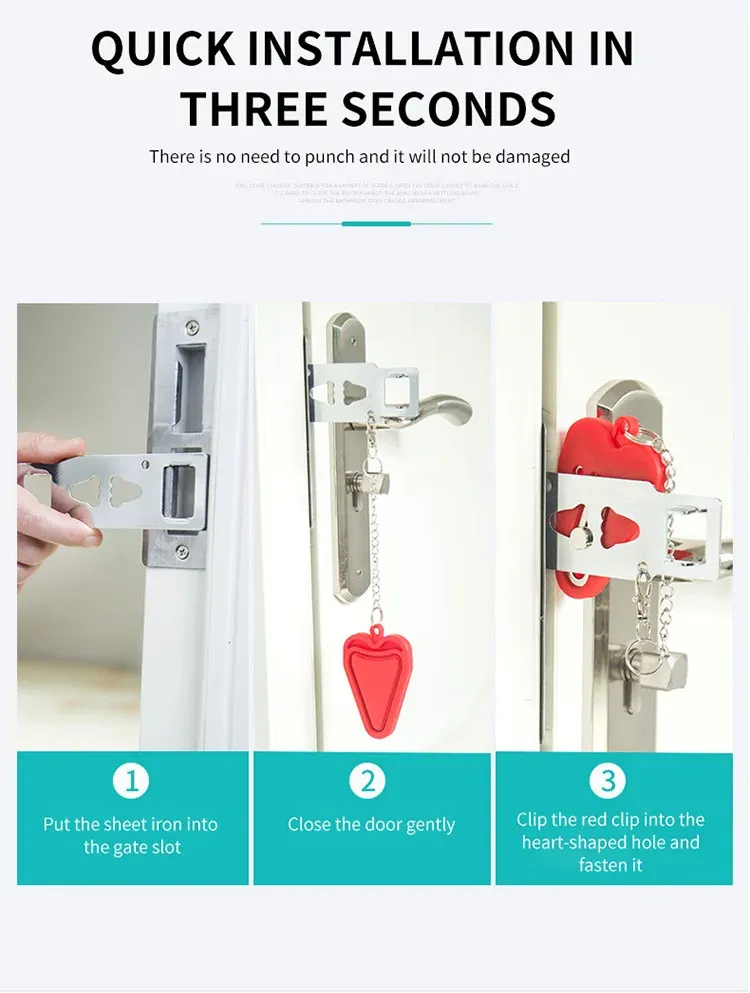 Verrou de porte portable, cadenas de sécurité à double orifice en métal, verrou de sécurité antivol pour la maison et la chambre d'hôtel 3