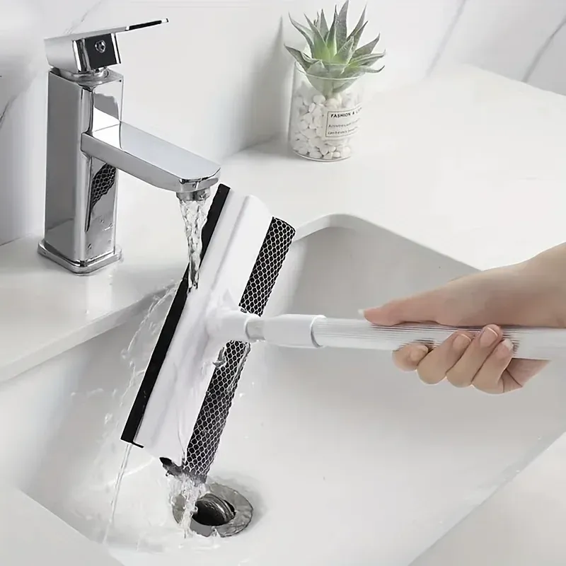 Raclette à vitres 2 en 1 avec manche télescopique et brosse de nettoyage pour vitres de voiture et parois de douche en verre 2