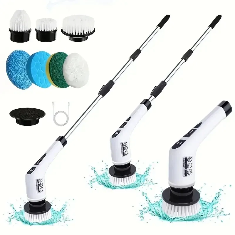 Ensemble de brosses de nettoyage électriques sans fil avec 7 têtes interchangeables et manche télescopique réglable, pour salle de bain et entretien ménager - Image 1