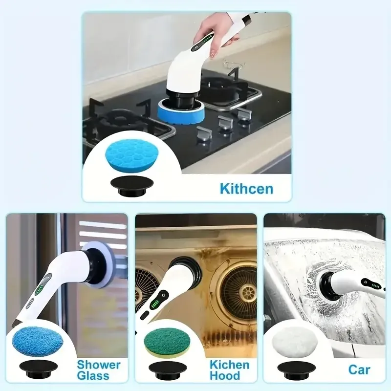 Ensemble de brosses de nettoyage électriques sans fil avec 7 têtes interchangeables et manche télescopique réglable, pour salle de bain et entretien ménager 3