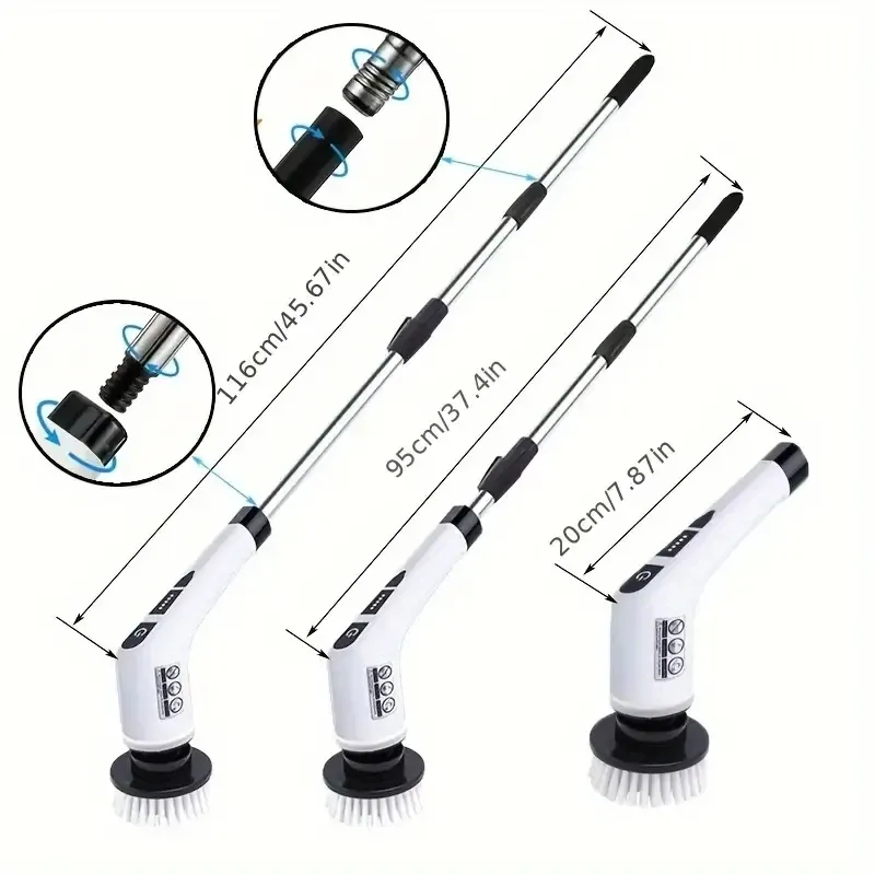 Ensemble de brosses de nettoyage électriques sans fil avec 7 têtes interchangeables et manche télescopique réglable, pour salle de bain et entretien ménager 2