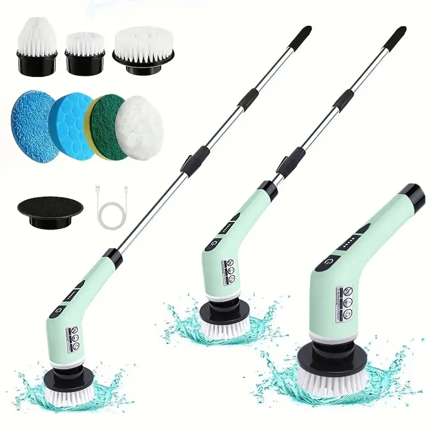 Ensemble de brosses de nettoyage électriques sans fil avec 7 têtes interchangeables et manche télescopique réglable, pour salle de bain et entretien ménager 7