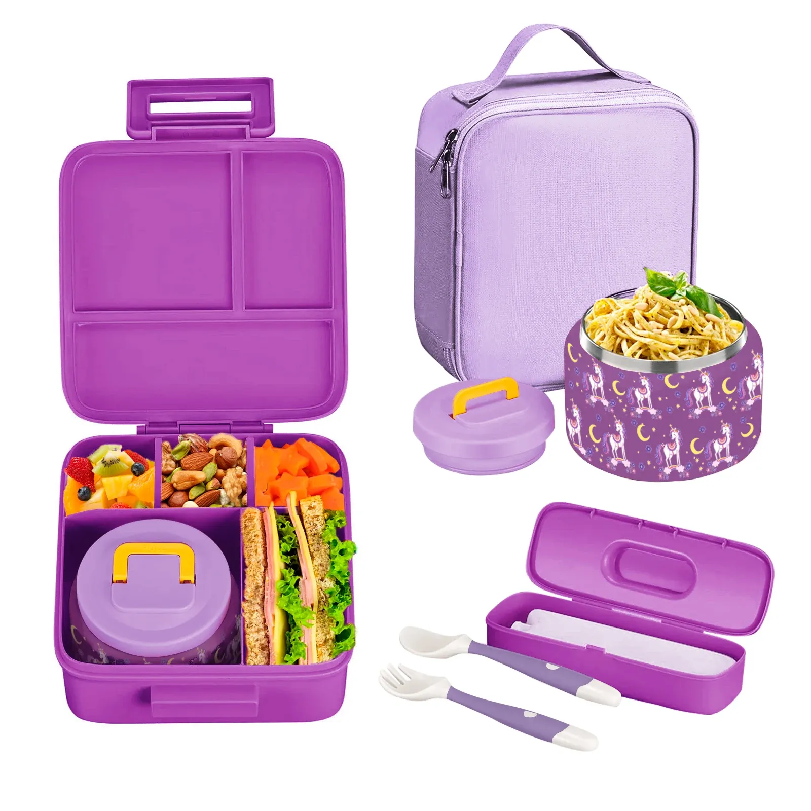 Boîte à déjeuner Bento pour enfants avec pot isotherme sous vide 8 oz, sac isotherme, pack réfrigérant, fourchette et cuillère pliables, étanche