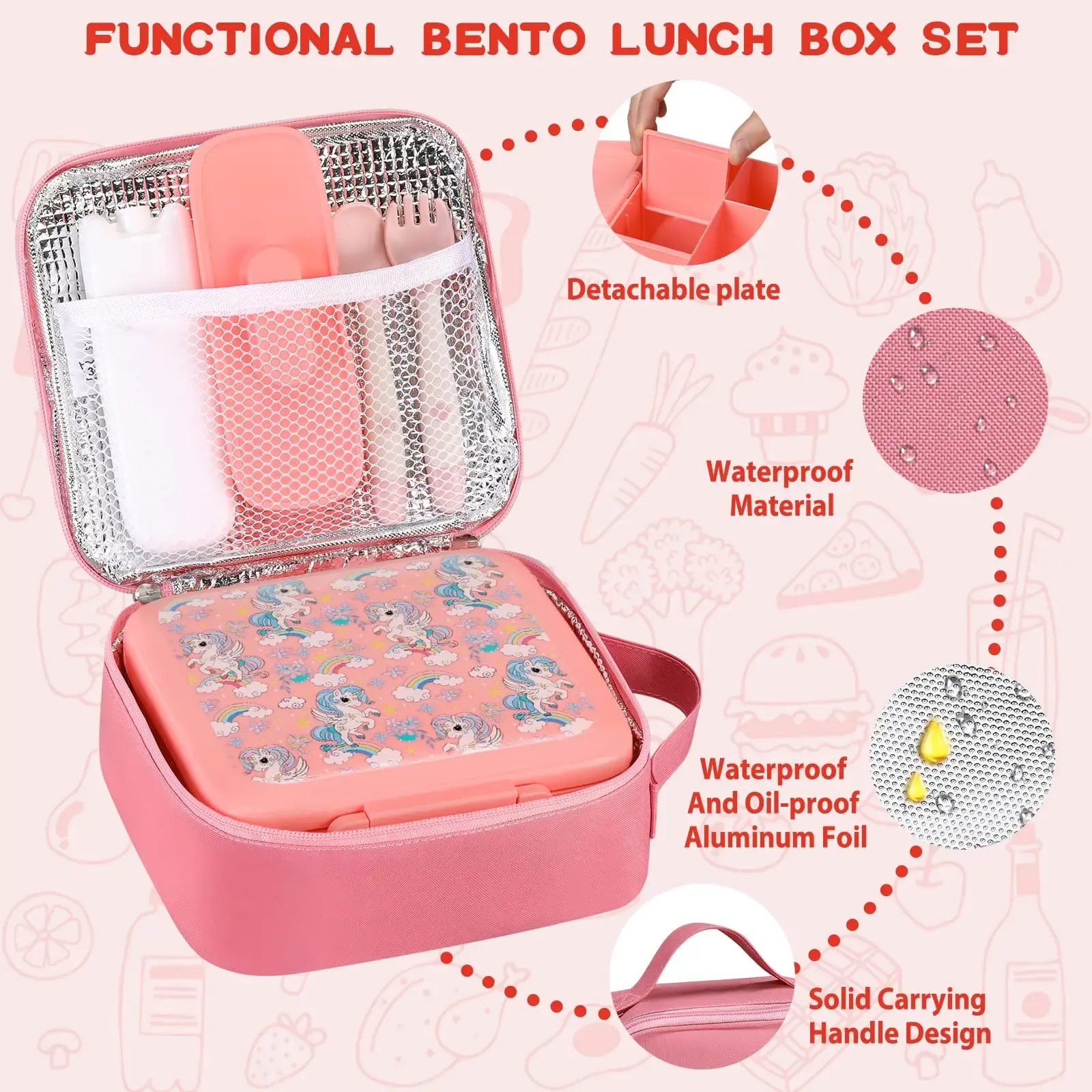Boîte à déjeuner Bento pour enfants avec pot isotherme sous vide 8 oz, sac isotherme, pack réfrigérant, fourchette et cuillère pliables, étanche 5