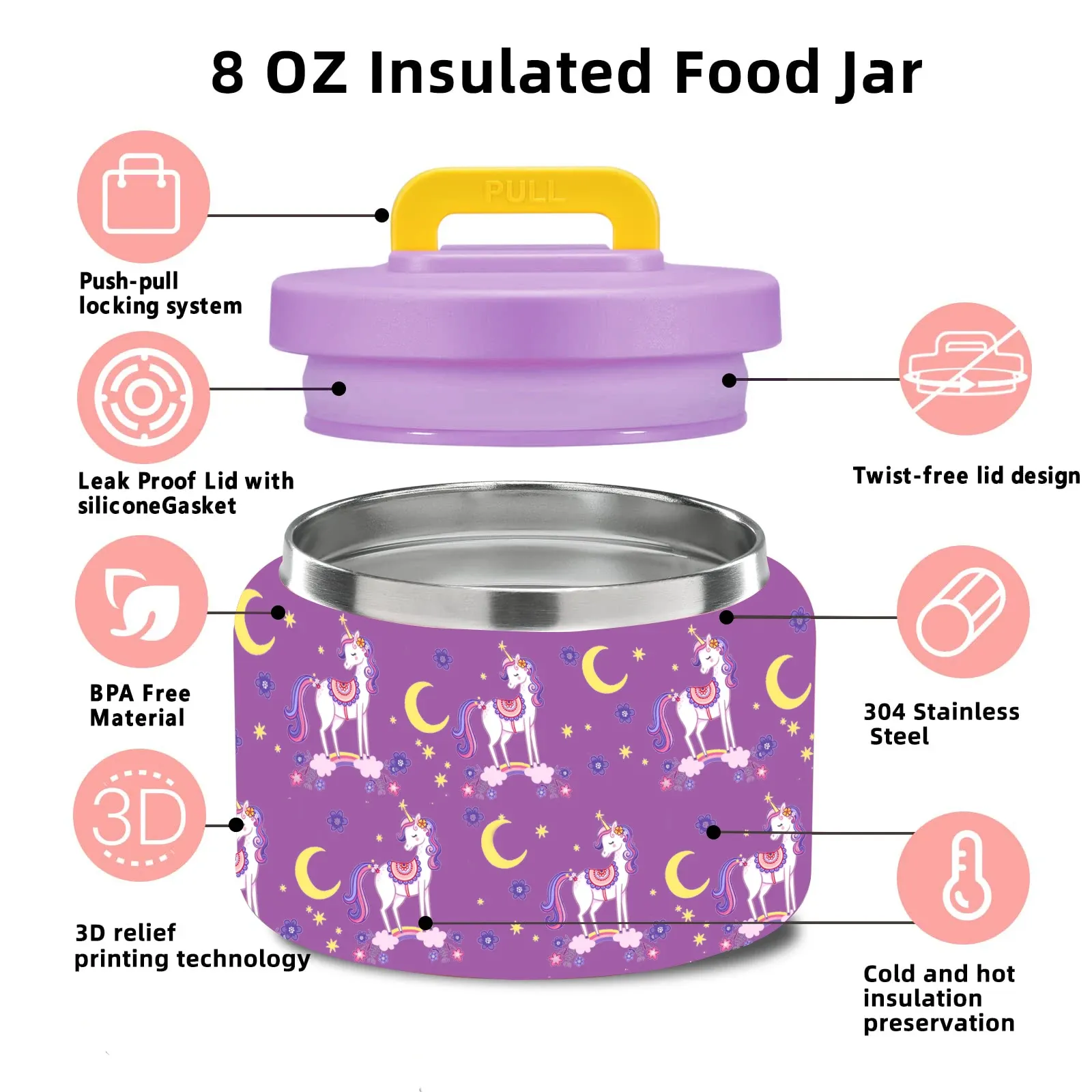 Boîte à déjeuner Bento pour enfants avec pot isotherme sous vide 8 oz, sac isotherme, pack réfrigérant, fourchette et cuillère pliables, étanche 6