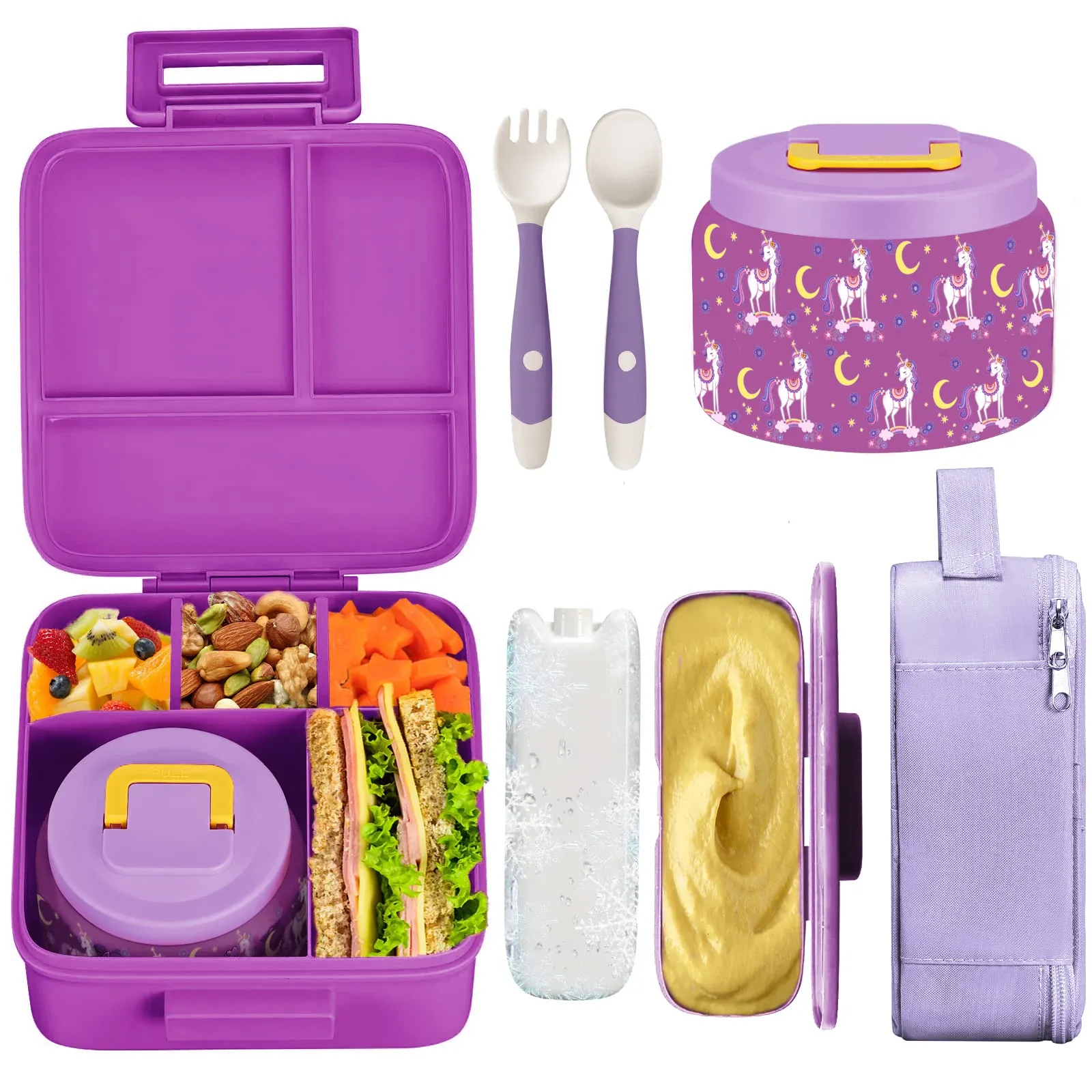 Boîte à déjeuner Bento pour enfants avec pot isotherme sous vide 8 oz, sac isotherme, pack réfrigérant, fourchette et cuillère pliables, étanche 7
