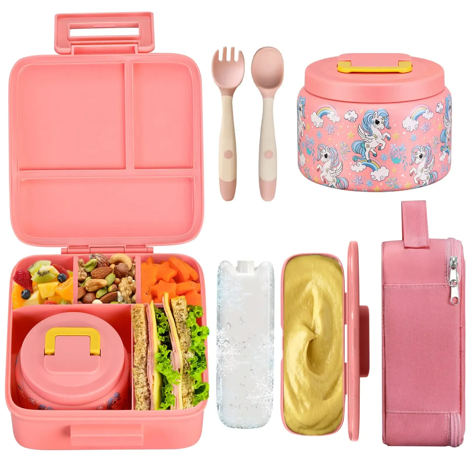Boîte à déjeuner Bento pour enfants avec pot isotherme sous vide 8 oz, sac isotherme, pack réfrigérant, fourchette et cuillère pliables, étanche 8