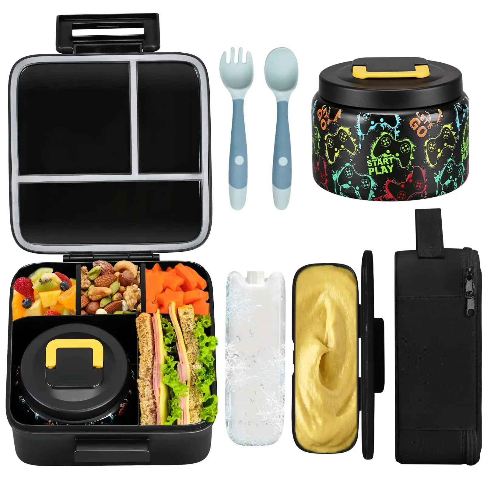 Boîte à déjeuner Bento pour enfants avec pot isotherme sous vide 8 oz, sac isotherme, pack réfrigérant, fourchette et cuillère pliables, étanche 9
