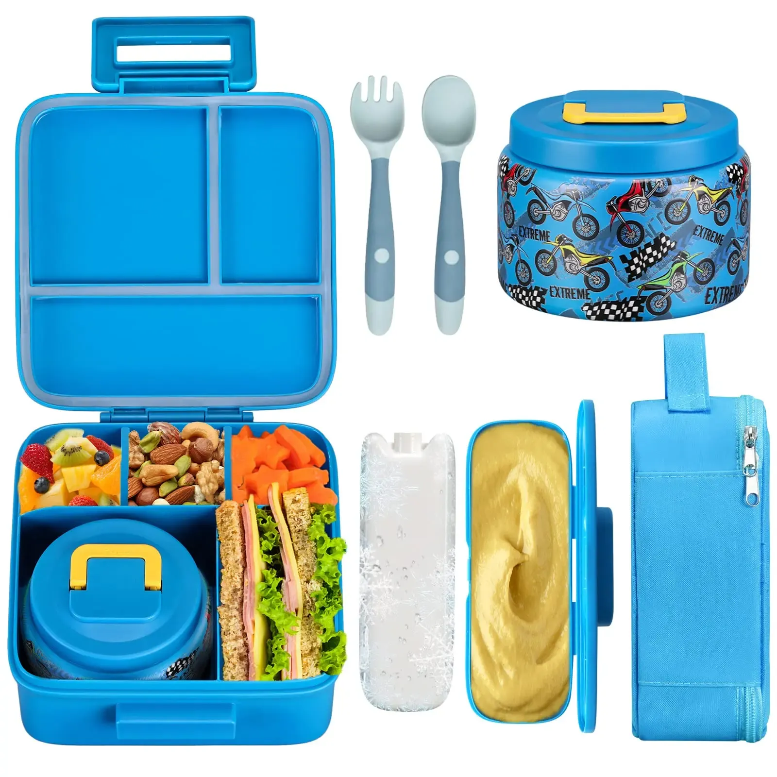 Boîte à déjeuner Bento pour enfants avec pot isotherme sous vide 8 oz, sac isotherme, pack réfrigérant, fourchette et cuillère pliables, étanche 10