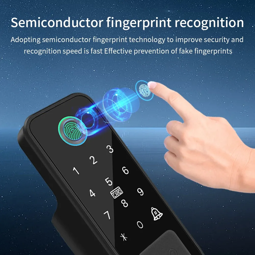 Serrure de porte d'extérieur intelligente Tuya avec capteur d'empreintes digitales double face, code numérique, carte IC et application Smart Life, 3 clés 3