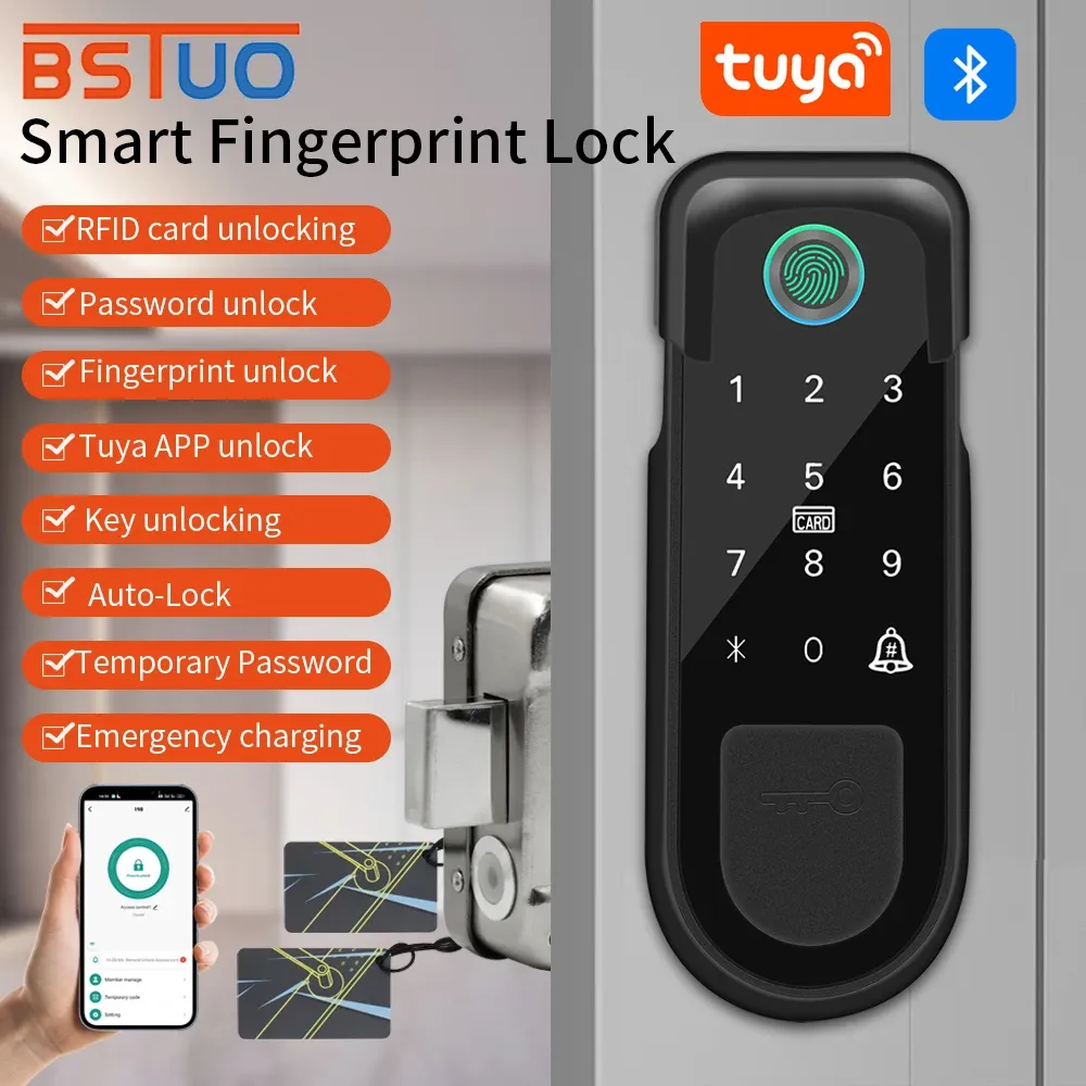 Serrure de porte d'extérieur intelligente Tuya avec capteur d'empreintes digitales double face, code numérique, carte IC et application Smart Life, 3 clés - Image 1