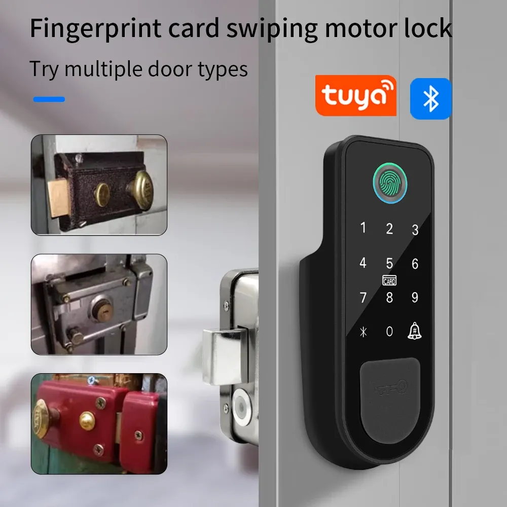 Serrure de porte d'extérieur intelligente Tuya avec capteur d'empreintes digitales double face, code numérique, carte IC et application Smart Life, 3 clés 2