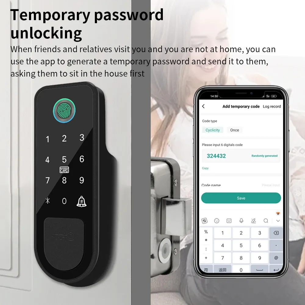 Serrure de porte d'extérieur intelligente Tuya avec capteur d'empreintes digitales double face, code numérique, carte IC et application Smart Life, 3 clés 4