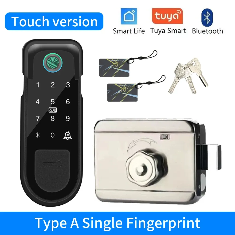 Serrure de porte d'extérieur intelligente Tuya avec capteur d'empreintes digitales double face, code numérique, carte IC et application Smart Life, 3 clés 9