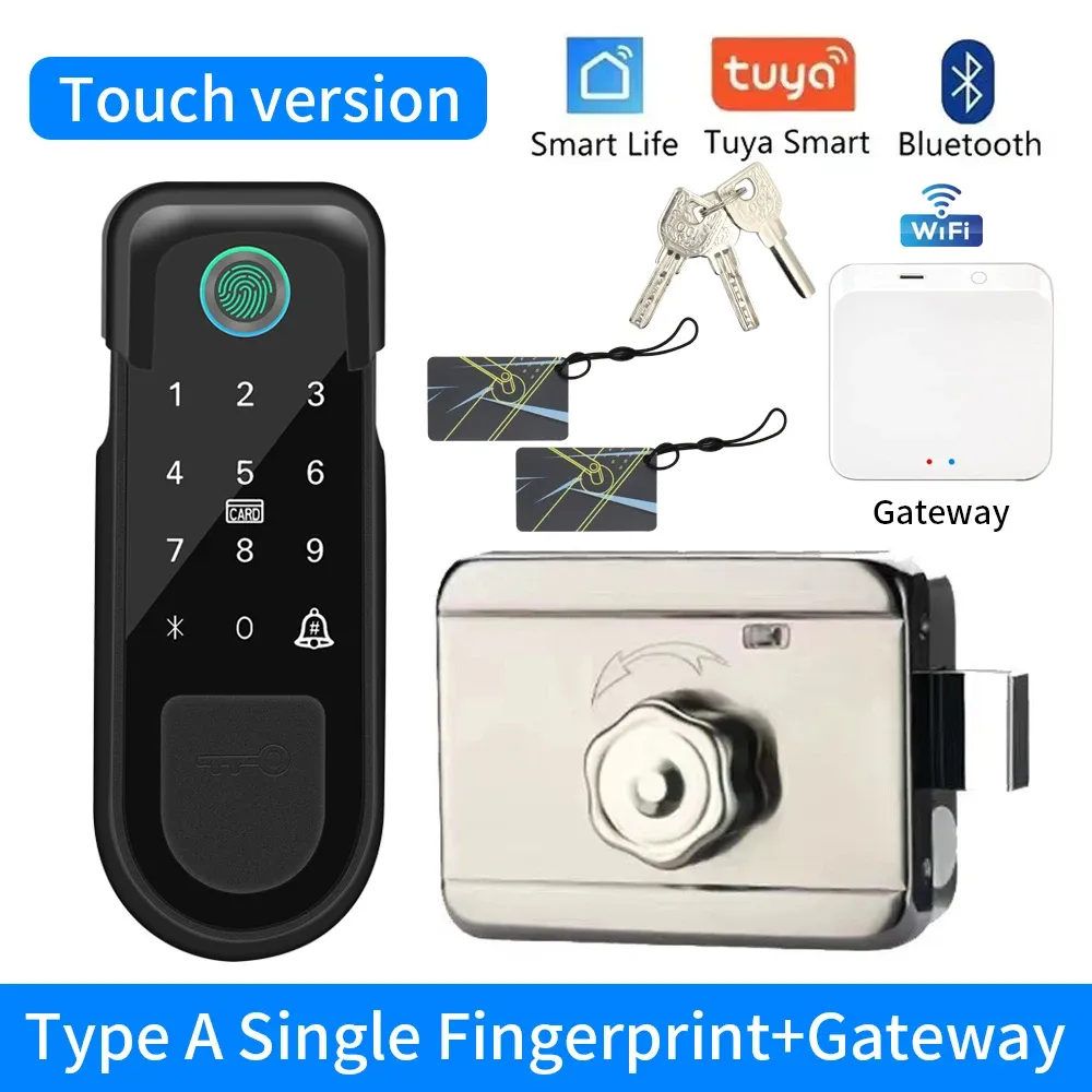 Serrure de porte d'extérieur intelligente Tuya avec capteur d'empreintes digitales double face, code numérique, carte IC et application Smart Life, 3 clés 7