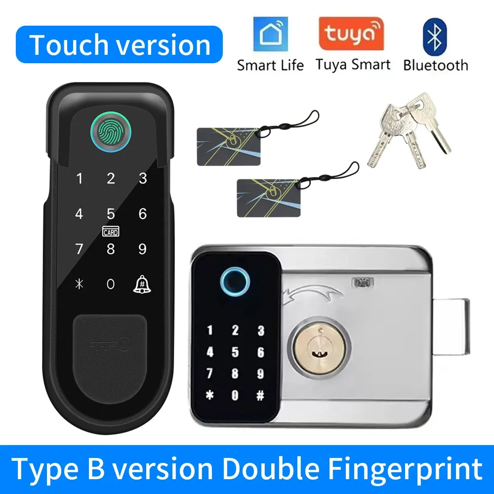 Serrure de porte d'extérieur intelligente Tuya avec capteur d'empreintes digitales double face, code numérique, carte IC et application Smart Life, 3 clés 8