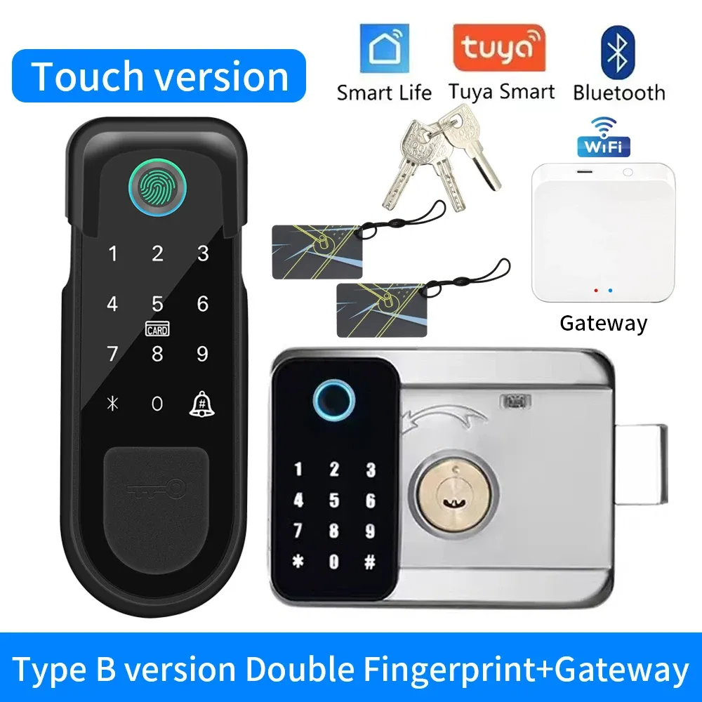 Serrure de porte d'extérieur intelligente Tuya avec capteur d'empreintes digitales double face, code numérique, carte IC et application Smart Life, 3 clés 10