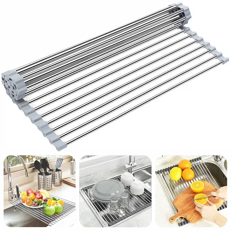 Égouttoir à vaisselle en acier inoxydable, pliable et enroulable, pour le séchage et le rangement des ustensiles de cuisine - Image 1