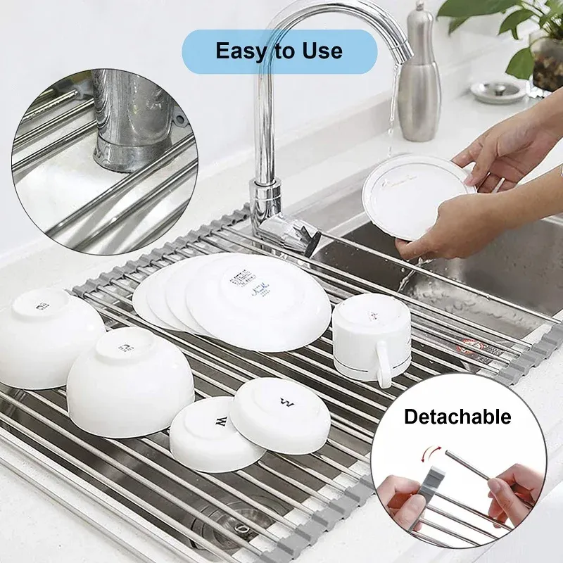 Égouttoir à vaisselle en acier inoxydable, pliable et enroulable, pour le séchage et le rangement des ustensiles de cuisine 2
