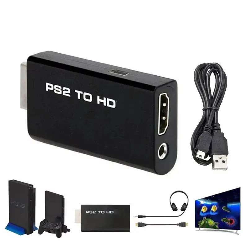 Adaptateur convertisseur audio et vidéo PS2 vers HDMI avec câble audio 3,5 mm, compatible avec les modes d'affichage PS2 480i, 480p et 576i